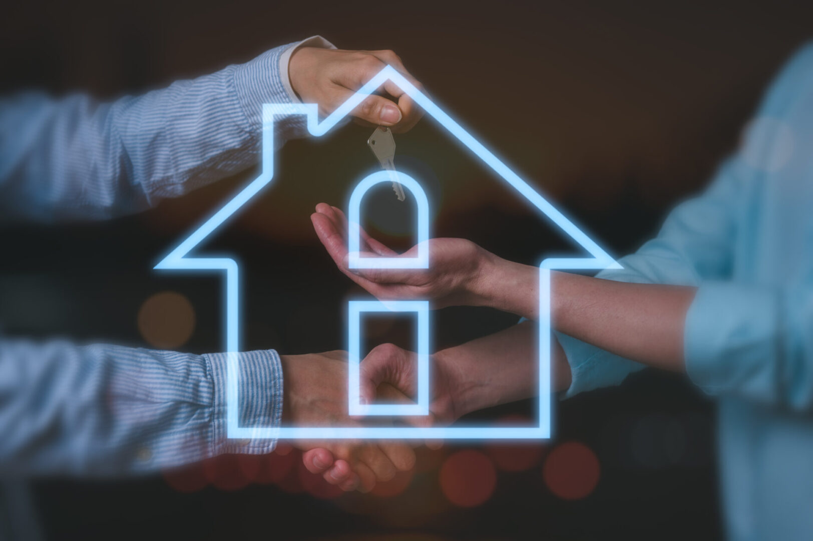 Two hands holding a glowing house outline symbolizing home and security.